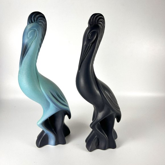 Vintage Crane Bird Figurine Sculpture Bell of California Blue Black MCM Lot of 2 - Picture 1 of 12